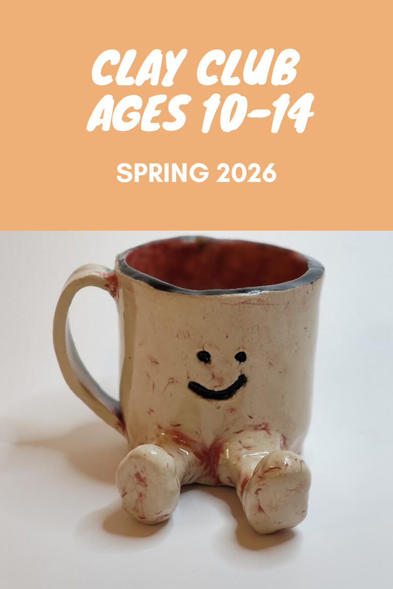 Handmade ceramic mug with a smiley face and feet made by a teen during pottery class