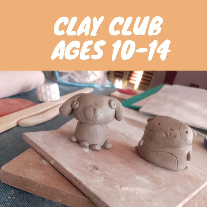 Close up of unfired dog and hamster shaped clay figurines made by a teen during a Teen Pottery Class